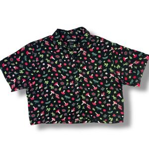 Hot Topic Mushroom Frog Bugs Button Down Cropped Shirt Black Whimsy goth Small